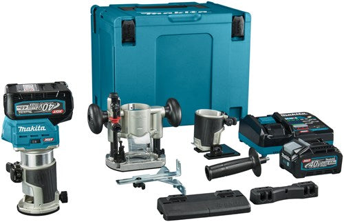 Load image into Gallery viewer, Makita rt001gm206 boven- en kantenfrees | 40 v max | 2 x 4.0 ah accu + snellader | incl. diverse voeten + geleiderail adapter | in mbox - rt001gm206