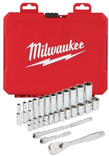 Afbeelding laden in galerijviewer, Milwaukee accessoires milwaukee ratel + doppen set 1 4 drive 28 pc ratchet + socket set metric - 4932464943