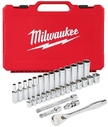 Afbeelding laden in galerijviewer, Milwaukee accessoires 3 8” ratel en doppenset | metrisch | 32-delig - 4932464945