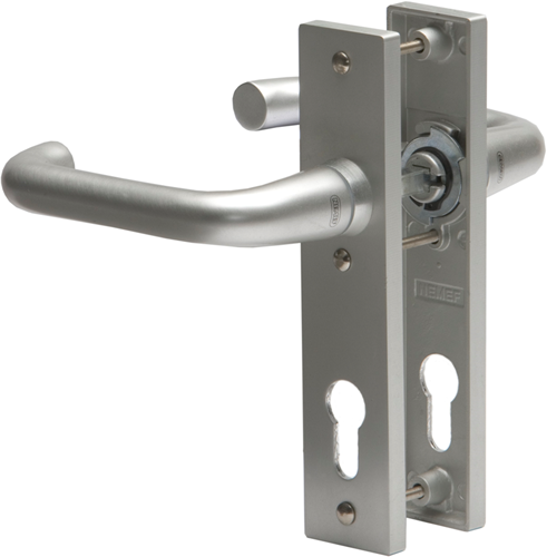 Cargue la imagen en el visor de la galería, Nemef 3252 p beslag kortschild afgerond | d kruk-kruk | beslagset | geveerd | krukstift 8mm | f1 aluminium | pc72-pc72 - 9325216720