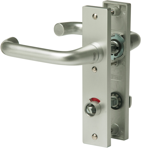 Cargue la imagen en el visor de la galería, Nemef 3252 wc ls beslag kortschild afgerond | d kruk-kruk | beslagset | geveerd | krukstift 8mm | f1 aluminium | wc72 | draairichting links - 9325222722