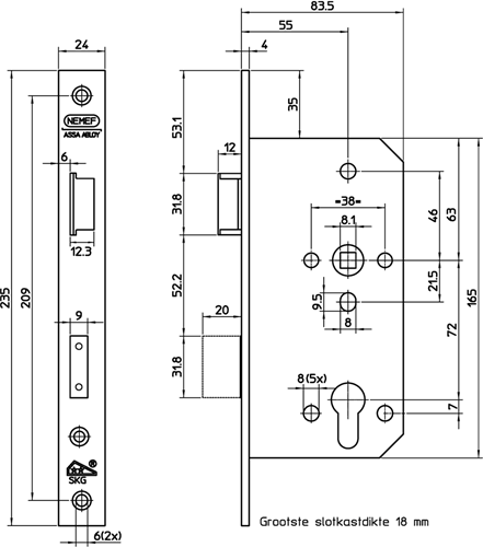 Cargue la imagen en el visor de la galería, Nemef 4401 4402 veiligheidsdeurslot | skg** | dm60mm | pc72mm | krukgat 8mm | voorplaat rvs 24x235mm afgerond | messing dag- en nachtschoot | dr 2+4 - 9440217602