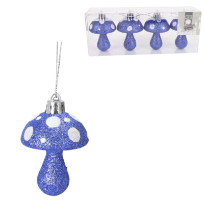 Laden Sie das Bild in Galerie -Viewer, Kersthanger paddenstoel glitter blauw 7 cm set van 4 | 24 stuks