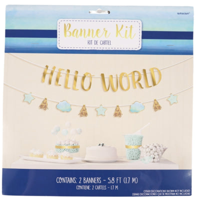 Cargue la imagen en el visor de la galería, Amscan letterslinger baby boy hello world blauw goudkleurig 170 cm | 12 stuks