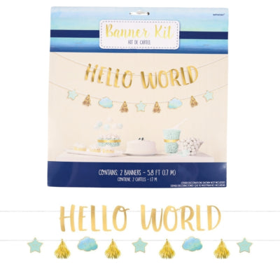 Cargue la imagen en el visor de la galería, Amscan letterslinger baby boy hello world blauw goudkleurig 170 cm | 12 stuks