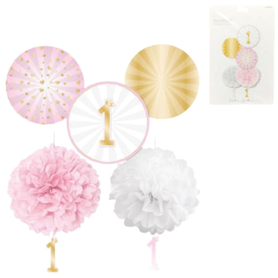 Cargue la imagen en el visor de la galería, Amscan decoratieset 1e verjaardag papier roze 5-delig | 12 stuks