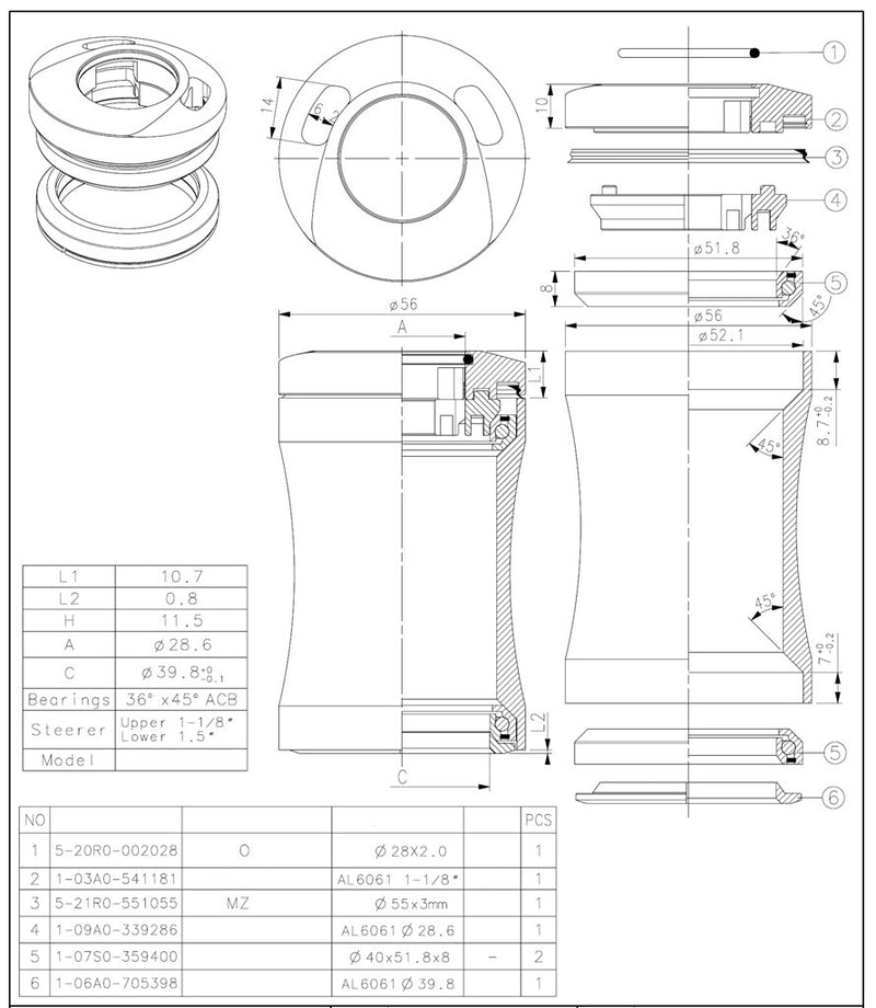 Load image into Gallery viewer, Tecora balhoofdstel1 1 8 inch semi geintegreerd met kabel doorvoer