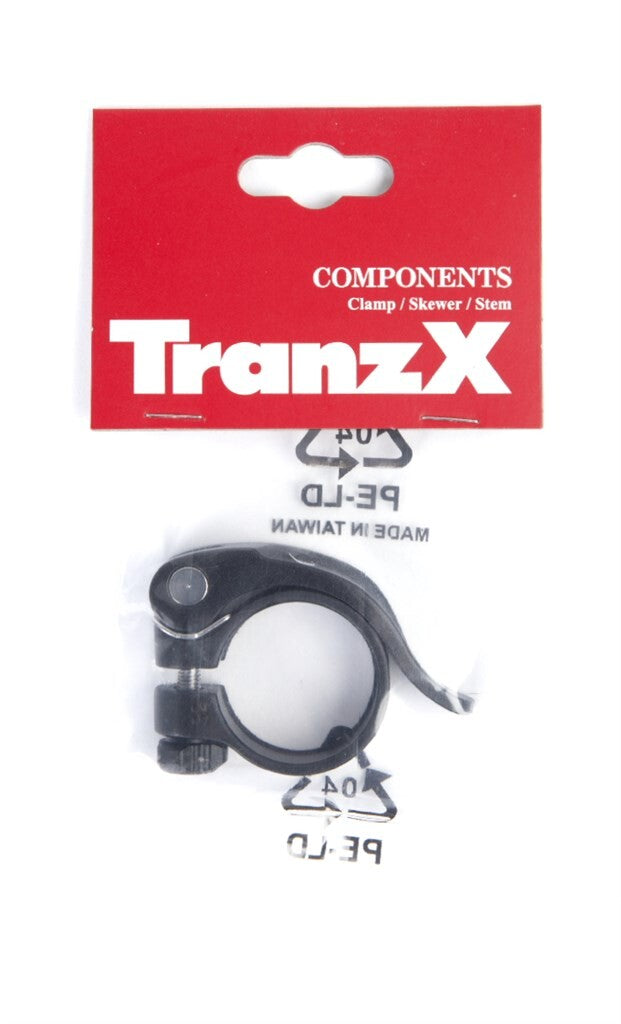 Load image into Gallery viewer, Tranzx zadelpenklem met snelspanner 31.8ø zwart op kaart