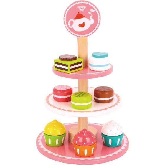 Load image into Gallery viewer, Tooky toy Houten Etagère met Gebakjes Roze Wit 12-delig