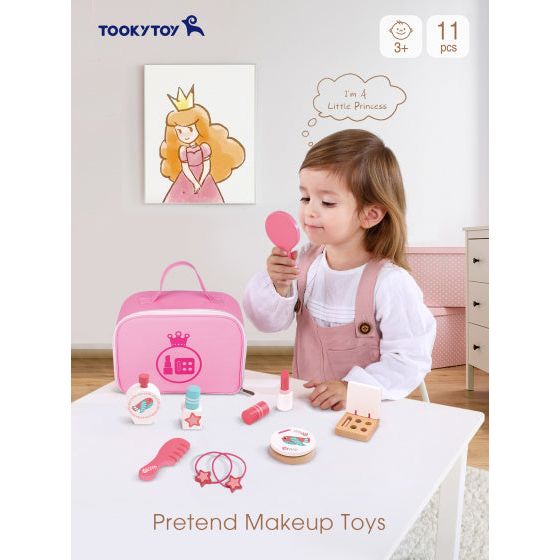 Load image into Gallery viewer, Tooky toy Houten Make-up Speelset Roze 11-delig