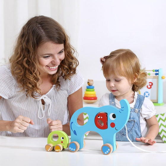 Load image into Gallery viewer, Tooky toy Olifant Houten Trekfiguur 18 maanden Blauw 3-delig