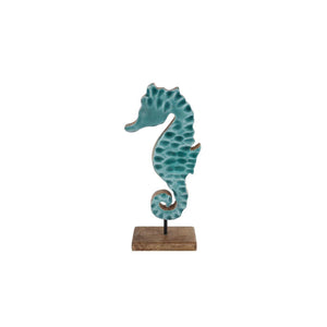 Sculptuur seahorse op voet naturel blauw mango emaille 13x6x30cm