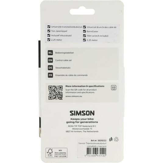 Simson trommelremkabelset compleet universeel rvs - zwart