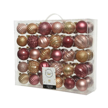 Decoris onbreekbare kerstballenset van 60 stuks assorti blush pink, butterscotch, velvet pink.