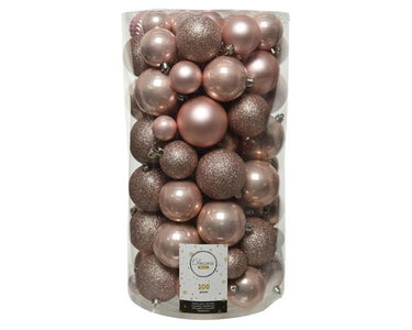 Decoris onbreekbare kerstballenmix van kunststof, koker van 100 stuks, poederroze