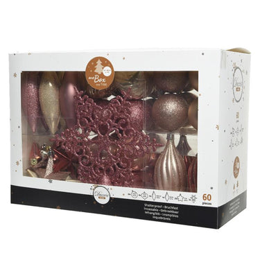 Decoris onbreekbaar kerstballenset 59 assorti ballen met 1 piek. velvet pink blush pink parel