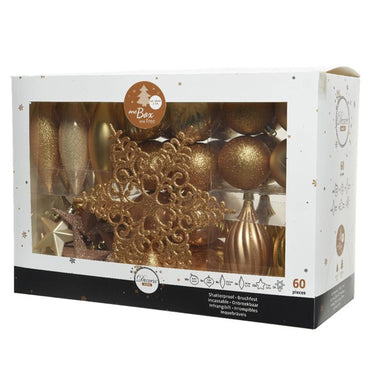 Decoris onbreekbaar kerstballenset 59 assorti ballen met 1 piek licht goud parel butterscotch