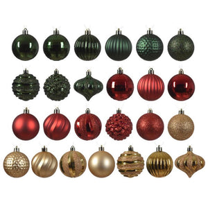 Decoris kerstballen kunststof in box a 30 stuks| in de kleuren rood-groen-goud in verschillende maten en vormen.