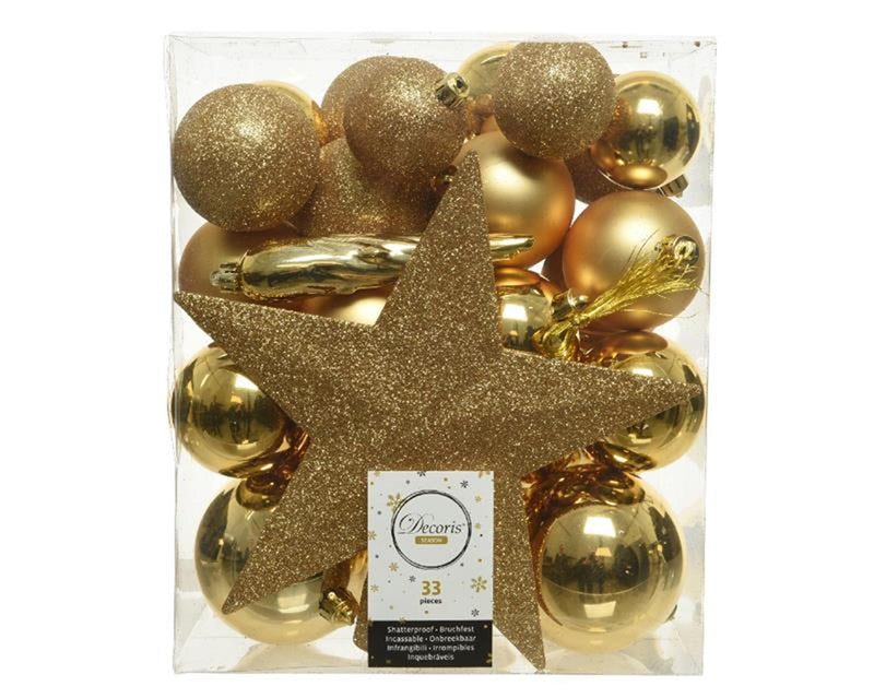 Afbeelding laden in galerijviewer, Decoris kerstballenset van kunststof licht goud box a 33stuks
