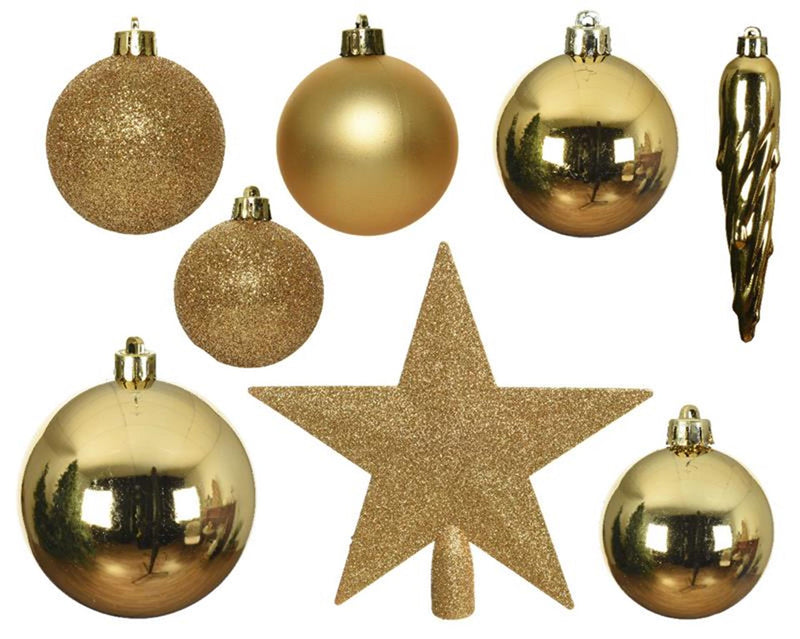 Afbeelding laden in galerijviewer, Decoris kerstballenset van kunststof licht goud box a 33stuks

