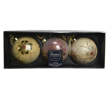 Decoris gedecoreerde kerstballenset van glas set a 3 ballen dia 8cm in assorti kleuren licht goud, pearl en velvet pink