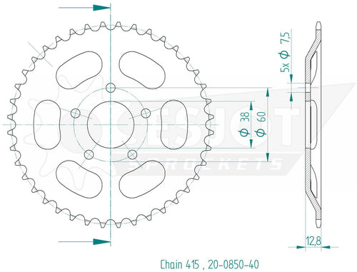 Esjot achtertandwiel 0850 chain wheel 415 40z steel black