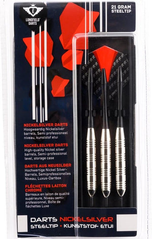 Engelhart nickel silver dartpijl set 21 gram – 3 stuks – rood zwart flights, zwarte shaft – semi professioneel – inclusief kunststof etui – longfield