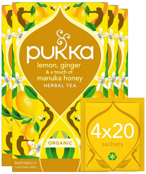 Pukka tea lemon, ginger manuka honey - 80 theezakjes - biologische kruidenthee citroen, gember, honing - 4 x 20 zakjes - thee voordeelverpakking