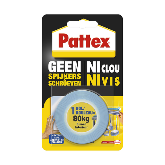 Pattex montagetape dubbelzijdig 80kg | voor binnen gebruik| 1.5m dubbel montage tape | dubbelzijdige plak-tape.