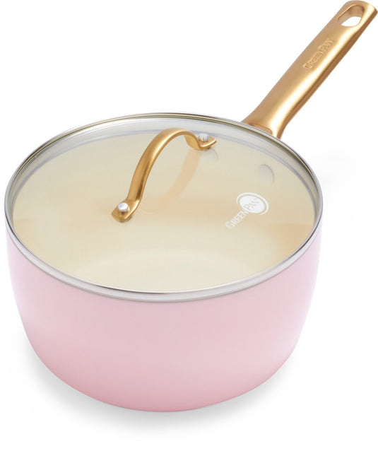 Greenpan padova roze keramische inductie steelpan met deksel 18cm - pfas-vrij - inductie steelpan - ovenbestendig tot 200°c - vaatwasserbesndig - rvs handgrepen - met deksels – roze