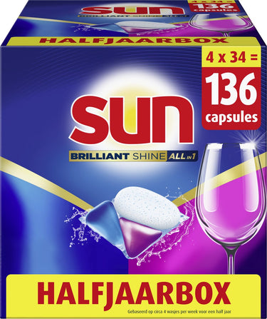 Sun - vaatwastabletten - brilliant shine - all-in 1 - 136 capsules - voordeelverpakking