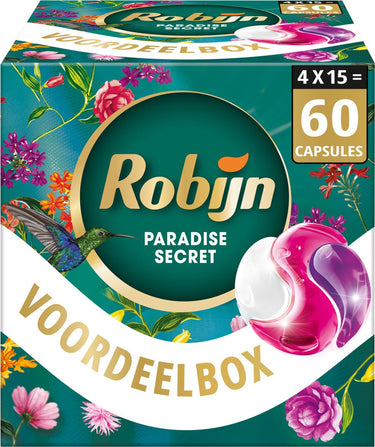 Robijn wasmiddel - 3-in-1 wascapsules - color paradise secret - 4 x 15 stuks - 60 wasbeurten - voordeelverpakking
