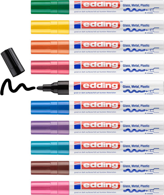 Edding 750 glanslakmarkers - doosje met 10 verschillende kleuren - 2-4 mm - hittebestendig en lichtecht - o.a. geschikt voor permanent markeren versieren tekenen op glas, metaal, plastic en gecoat papier