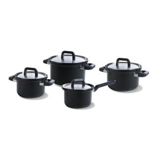 Bk flow cool black pannenset 4-delig - 16 18 20cm - zonder pfas-vrije antikleeflaag - pannenset inductie - rvs kookpan - ovenbestendig tot 160°c - met deksel - zilver