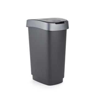 Rotho twist afvalbak met swingdesksel 25l - zwart zilver - bpa-vrij -incl 6 sticker voor diverse afvalstromen