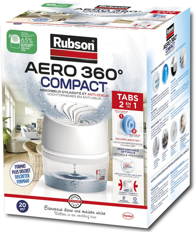 Laden Sie das Bild in Galerie -Viewer, Rubson vochtopnemer aero360 compact 450g box | vochtvangende luchtontvochtiger toestel | ontvochter | vochtopnemer binnenhuis.
