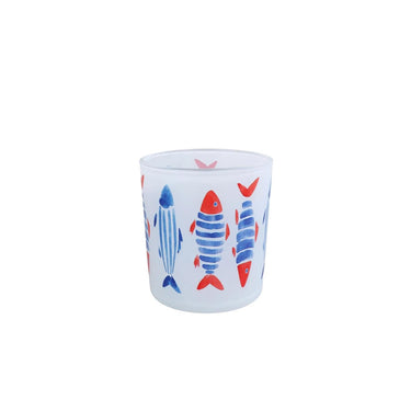 Theelichthouder fish s blauw rood glas 7,5x7,5x8cm