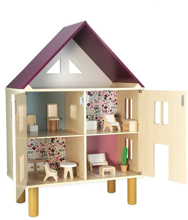 Janod twist - doll's house - houten poppenhuis met drie verdiepingen - geleverd met 11 meubels om het huis in te richten - geschikt vanaf 3 jaar