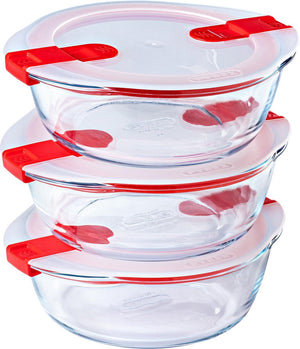 Pyrex - cook heat schaal rond met deksel -inhoud elk 1,1 liter - set van 3 stuks - transparant rood wit