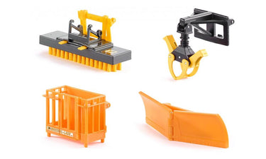 Siku aanbouwdelen voorlader de set bestaat uit een werkplatform, een sneeuwschild, een veger en een boomstamgrijper. 131x210x78mm