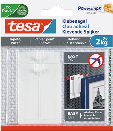 Tesa spijkers voor gevoelige oppervlakken - eenvoudig aan te brengen verwijderen - 2 x 2 kg houdkracht