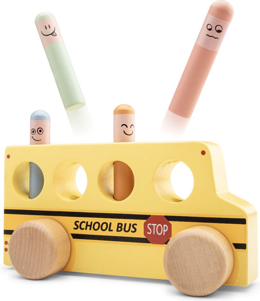 Woet new classic toys® houten pop up schoolbus - gele bus met poppetjes - fsc speelgoedvoertuig - actiespel - educatief speelgoed - vanaf 24 maanden