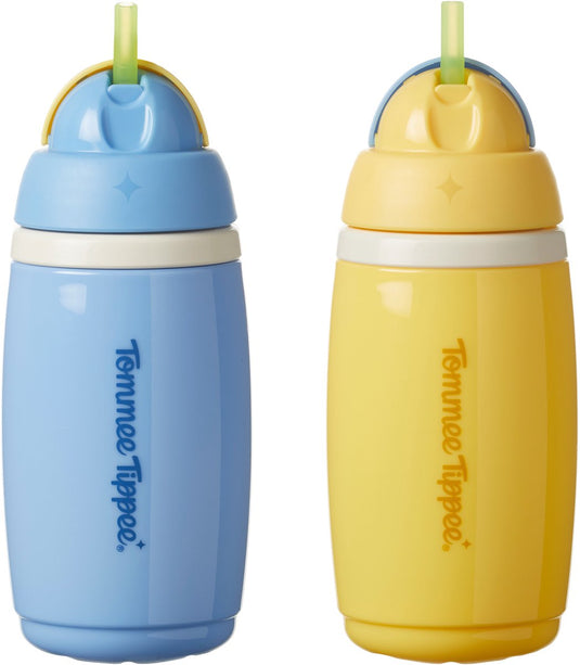 Tommee tippee geïsoleerde active rietjesbeker – 2 stuks – 266 ml –lekvrije waterfles voor peuters 12m+ - blauw en geel