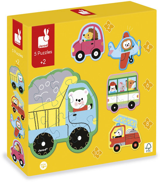 Janod - puzzel - voertuigen - 2, 4, 6, 8 en 10 stukjes