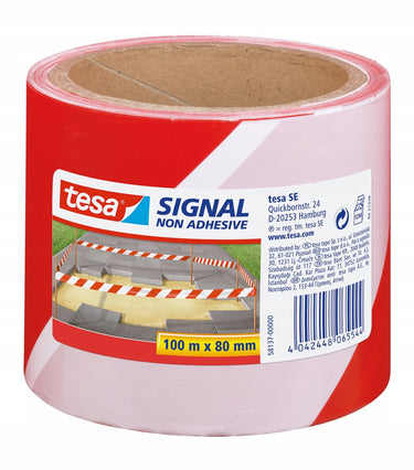 Tesa 1x afzetlint markeerlint rood wit 8 cm x 100 mtr - klus bouwbenodigdheden - afzetlinten markeerlinten - gevarenzone linten - weg parkeerplaats afzetten met lint