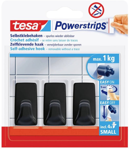 Tesa powerstrips serie - zelfklevende haak - zwart - 1kg draagvermogen - herbruikbaar