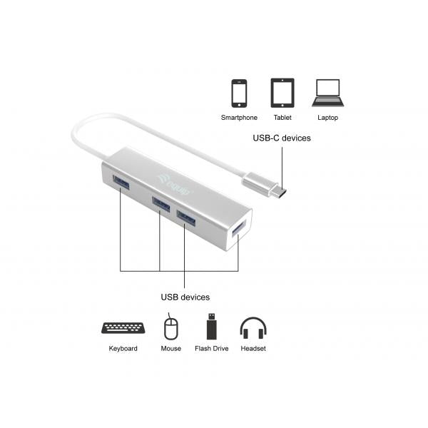 Load image into Gallery viewer, Equip 128958 usb-c to 4-port usb 3.0 hubs, usb 3.2 gen 1 type-c, type-a, 5000 mbit s, silver

