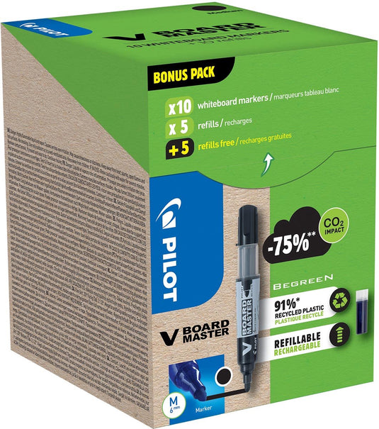 Pilot v-board master begreen whiteboardmarker | ronde punt | 2 | 3 mm | 10 stuks + 10 vullingen | zwart