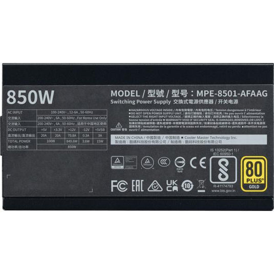 Cooler master mpe-8501-afaag-3eeu mwe gold 850 v2 atx3.1 black, 850w, 90% @typ, 120mm, 4x pcie 6+2