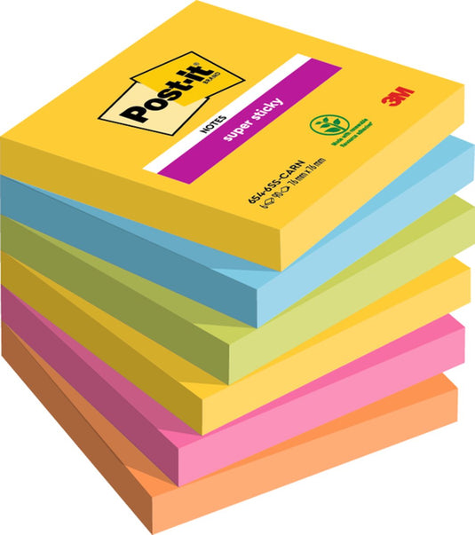Post-it super sticky notes carnival, 90 vel, ft 76 x 76 mm, pak van 6 blokken